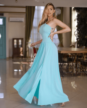 {Adele} Vestido Festa Longo Godê Tirinhas com Fenda Madrinha Formatura (cor Tiffany)