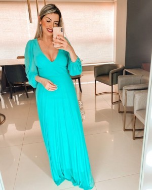 {Alina} Vestido Festa Longo Rodado Manga Longa em Tule Madrinha Formatura (cor Tiffany)