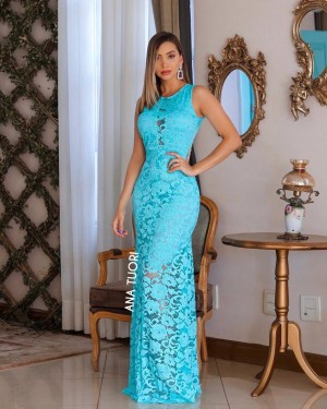{Aline} Vestido Festa Longo Semi Sereia em Renda com Fenda Frontal e Decote Coberto Madrinha Formatura (Cor Tiffany)
