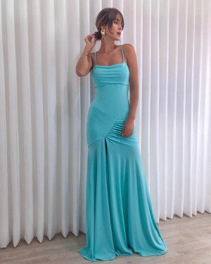 {Allegra} Vestido Festa Longo Sereia Drapeado com Fenda Madrinha Formatura (cor Tiffany)