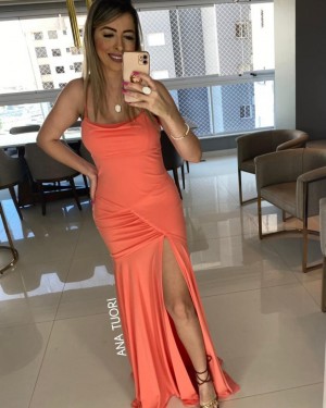 {Allegra} Vestido Festa Longo Sereia Drapeado com Fenda Madrinha Formatura (cor Coral)