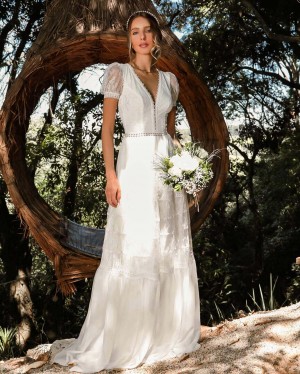 {Amélie} Vestido Noiva Longo Evasê com Mangas Delicadas Casamento Boho (cor Branco Off)