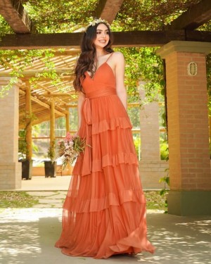 {Analice} Vestido Festa Longo Alça Fina Rodado com Babadinhos Madrinha Formatura (cor Terracota)
