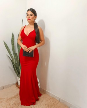 {Antonella} Vestido Festa Longo Sereia Alça Fina Dupla Madrinha Formatura (cor Vermelho)