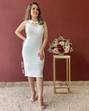 {Ariadne} Vestido Curto Tubinho Decote Tirinhas Social Noiva Casamento (cor Branco Off)