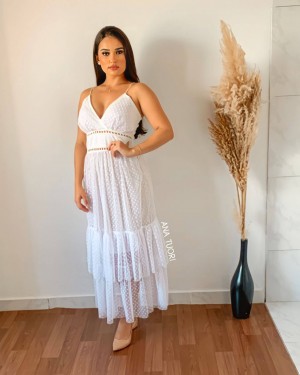 {Atena} Vestido Midi Alça Fina Decote V Tule Saia com Camadas Casamento Civil (cor Branco Off)