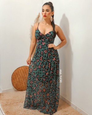 {Bella} Vestido Festa Longo Rodado Alcinha Decote V Confraternização Formatura (cor Estampa Onça Verde)