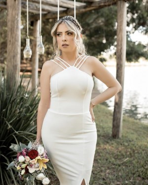 {Bianca} Vestido Midi Tubinho Tirinhas com Fenda e Zíper Dourado Formatura Casamento (cor Branco Off)