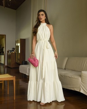 {Chloe} Vestido Noiva Longo Gola Alta Sem Mangas Tecido de Poá Casamento Civil (cor Branco Off)
