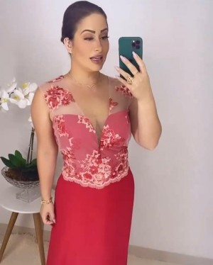{Cláudia} Vestido Festa Longo Evasê Rodado Chiffon Busto em Tule Bordado Madrinha Casamento Formatura (cor Vermelho)
