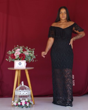 {Clícia} Vestido Festa Longo Semi Sereia com Manga em Renda Aniversário Formatura (cor Preto)