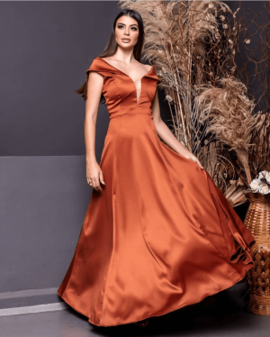 {Corina} Vestido Rodado Sem Mangas Decote V com Tule Madrinha Formatura (cor Terracota)