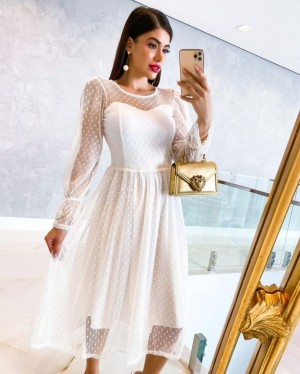 {Daniela} Vestido Midi Noiva Manga Longa Transparência em Tule Poá Casamento Civil (cor Branco)