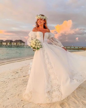 {Daniela} Vestido Noiva Longo Evasê Ombro a Ombro Manga Princesa Casamento (cor Branco Off)