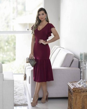 {Deborah} Vestido Festa Midi Babados na Lateral e na Barra Casamento Formatura (cor Marsala)