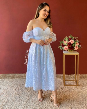 {Diana} Vestido Midi Rodado Mangas Bufantes com Cinto Noiva Casamento (cor Branco)