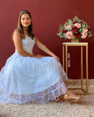{Ella} Vestido Midi Rodado Alça Fina Tule Bordado Noiva Casamento (cor Branco Off)