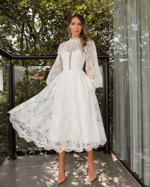 {Emmeline} Vestido Midi Rodado Manga Longa Gola Alta Mix de Rendas Noiva Casamento (cor Branco Off)