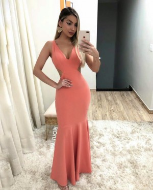 {Fabiana} Vestido Festa Longo Sereia Alça Fina Decote V Aberto na Cintura Madrinha Casamento Formatura (cor Living Coral)