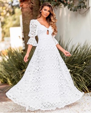 {Flávia} Vestido Festa Longo Godê Manga Bufante Duas Formas de Usar Casamento Formatura (cor Branco)
