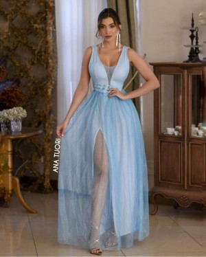 {Gabriela} Vestido Festa Longo Godê Rodado Tule Brilho Madrinha Formatura (cor Azul Serenity)