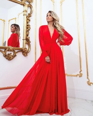 {Grace} Vestido Festa Longo Godê Manga Longa Removível Quatro Formas de Usar Madrinha Formatura (cor Vermelho)