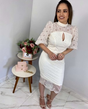 {Heloise} Vestido Midi Manga 3/4 Bufante Gola Alta Noiva Casamento Civil (cor Off-White)