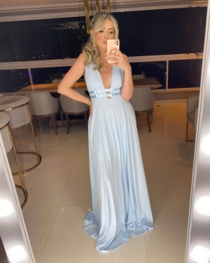 {Isabelle} Vestido Festa Longo Godê 2 Fitas na Cintura Madrinha Formatura (cor Azul Serenity)
