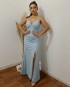 Miniatura - {Jaqueline} Vestido Longo Sereia Alça Fina Decote V com Fenda Madrinha Formatura (cor Azul Serenity)