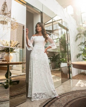 {Karen} Vestido Longo Manga 3/4 Ombro a Ombro com Guipure Noiva Casamento (cor Branco Off)