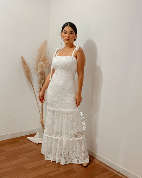 {Karol} Vestido Longo Sereia Busto Drapeado Alça de Amarrar Noiva Casamento (cor Branco Off)