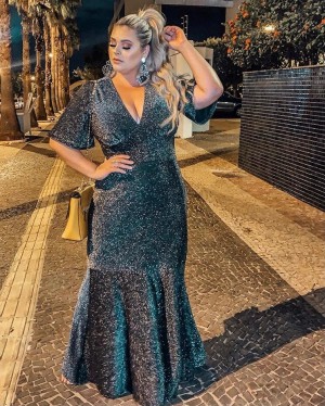 {Kate} Vestido Festa Longo Sereia Manga 3/4 Decote V em Lurex Madrinha Formatura (cor Prateado)