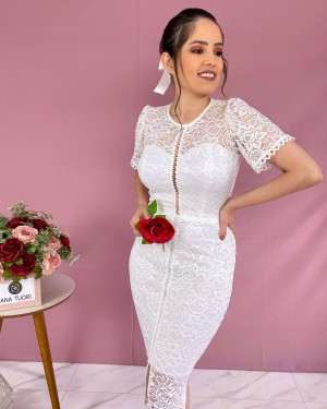 {Linda} Vestido Noiva Midi Manga Curta Detalhes em Guipure Formatura Casamento (cor Branco Off)