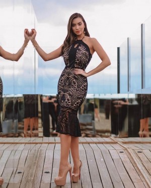{Lívia} Vestido Festa Midi Frente Única em Renda com Forro Nude e Babado na Barra Casamento Formatura (cor Preto e Nude)