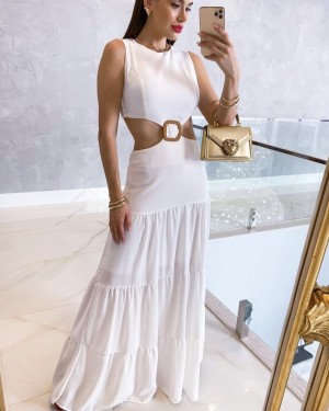 {Madison} Vestido Longo Rodado Sem Mangas Aberto na Cintura com Fivela Confraternização (cor Branco Off)