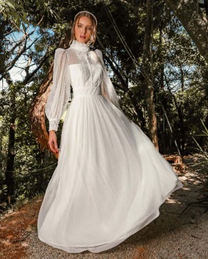 {Marie} Vestido Noiva Longo Rodado Manga Longa Gola Alta Tule Poá Plissado Casamento (cor Branco Off)