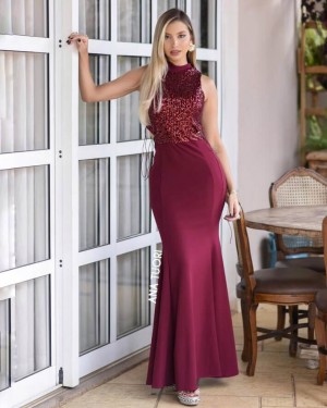 {Marília} Vestido Festa Longo Semi Sereia Gola Alta Busto com Tule Bordado Madrinha Formatura (cor Marsala)