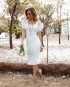 Miniatura - {Nara} Vestido Festa Midi Tubinho Manga Bufante Decote Lace Up Formatura Casamento Civil (cor Branco Off)
