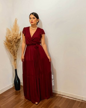 {Noemi} Vestido Longo Rodado Manga Curta Soltinha Decote Transpassado Madrinha Formatura (cor Marsala)