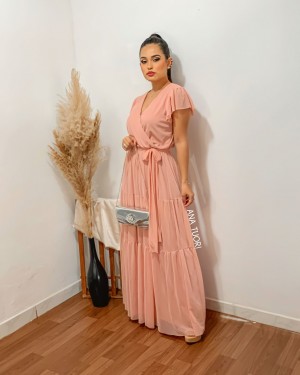 {Noemi} Vestido Longo Rodado Manga Curta Soltinha Decote Transpassado Madrinha Formatura (cor Rosé)