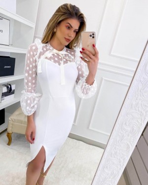 {Rafaela} Vestido Festa Midi Gola Alta Manga Longa Poá Tubinho Formatura Casamento Civil (cor Branco Off)