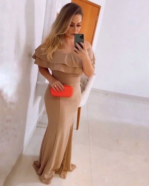 {Sabrina} Vestido Festa Longo Semi Sereia Ombro a Ombro com Fenda Madrinha Formatura (cor Nude)