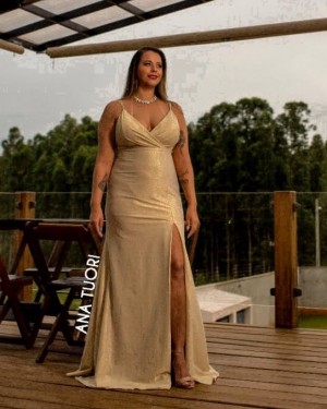 {Salete} Vestido Festa Longo Semi Sereia Alça Fina Madrinha Formatura (cor Dourado)