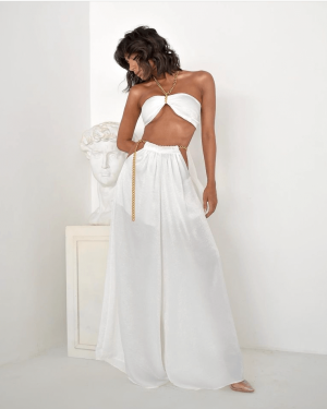 {Séfora} Conjunto Festa Cropped Top e Calça Pantalona Acetinada Correntes Reveillon (cor Branco)