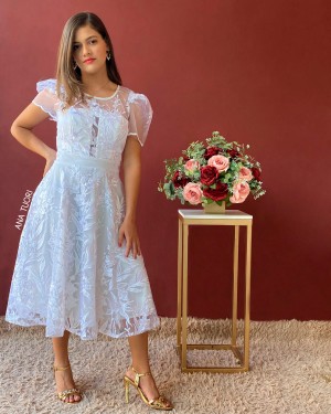 {Sônia} Vestido Midi Rodado Manga Curta Tule Bordado Noiva Casamento (cor Branco Off)