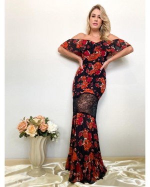 {Tábita} Vestido Festa Longo Rodado Ombro a Ombro com Faixa em Renda Chantilly Formatura (cor Terracota Floral)