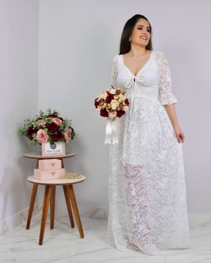 {Tairine} Vestido Longo Godê Rodado Decote de Amarrar Noiva Casamento (cor Branco Off)