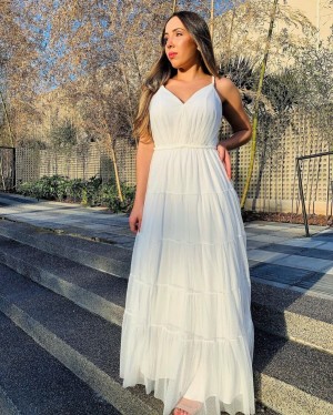 {Taíse} Vestido Longo Rodado Tule Poá Com Alça e Cinto Trançado Noiva Casamento (cor Branco Off)