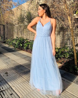 {Taíse} Vestido Longo Rodado Tule Armado Com Alça e Cinto Trançado Madrinha Formatura (cor Azul Serenity)