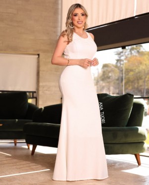 {Vanuza} Vestido Festa Longo Sereia Minimalista Costas de Amarrar Noiva Casamento (Cor Branco Off)